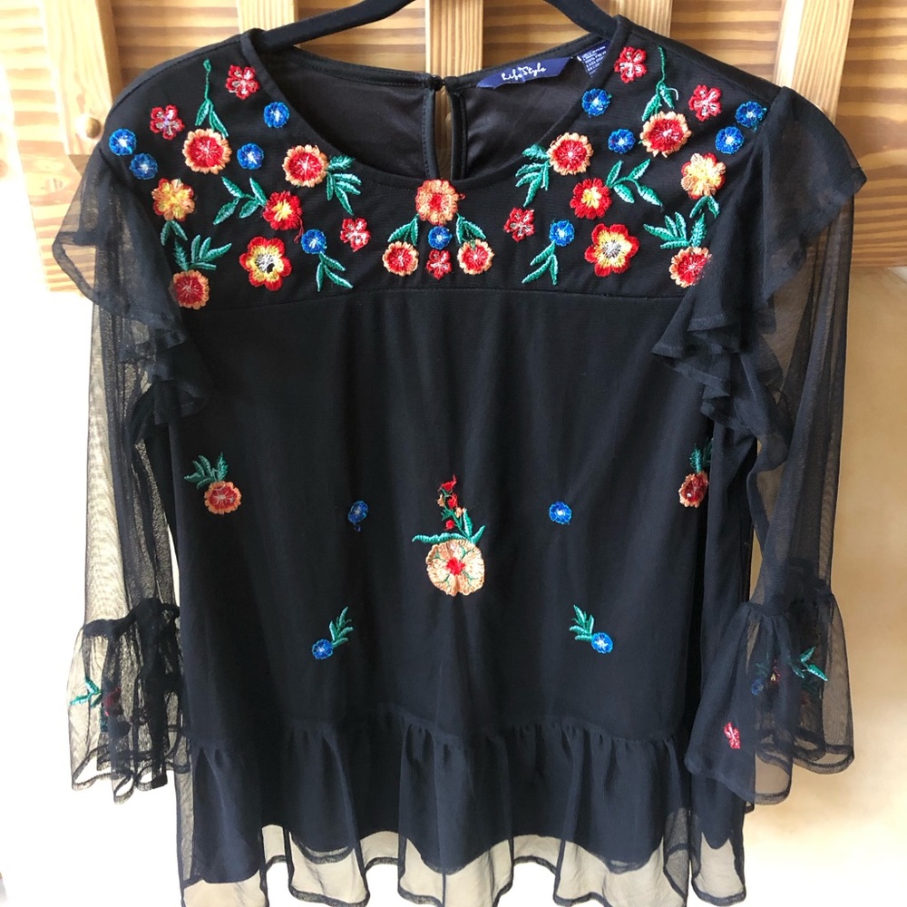 Boho Embroidered Floral and Sheer Top with Bell Sleeves